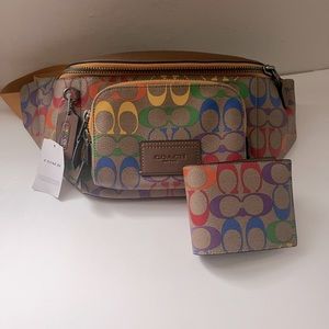 NWT Coach Track Belt Bag and wallet In Rainbow Signature Canvas